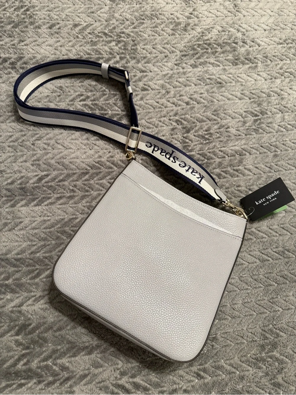 kate spade Light Gray Pebbled Leather Crossbody with Striped Strap